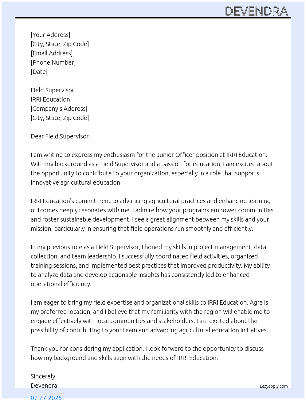 Junior officer  At IRRI EDUCATION  Cover Letter