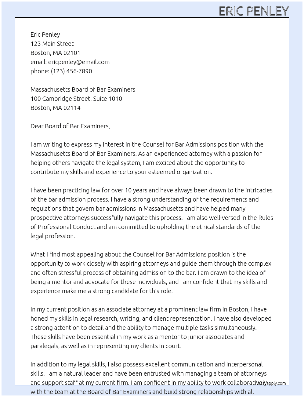 Counsel for Bar Admissions At Massachusetts Board of Bar Examiners Cover Letter