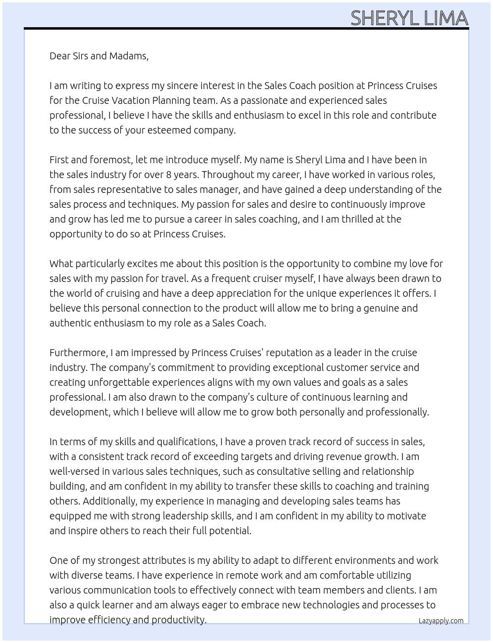 Sales Coach, Cruise Vacation Planning - Remote At Princess Cruises Cover Letter