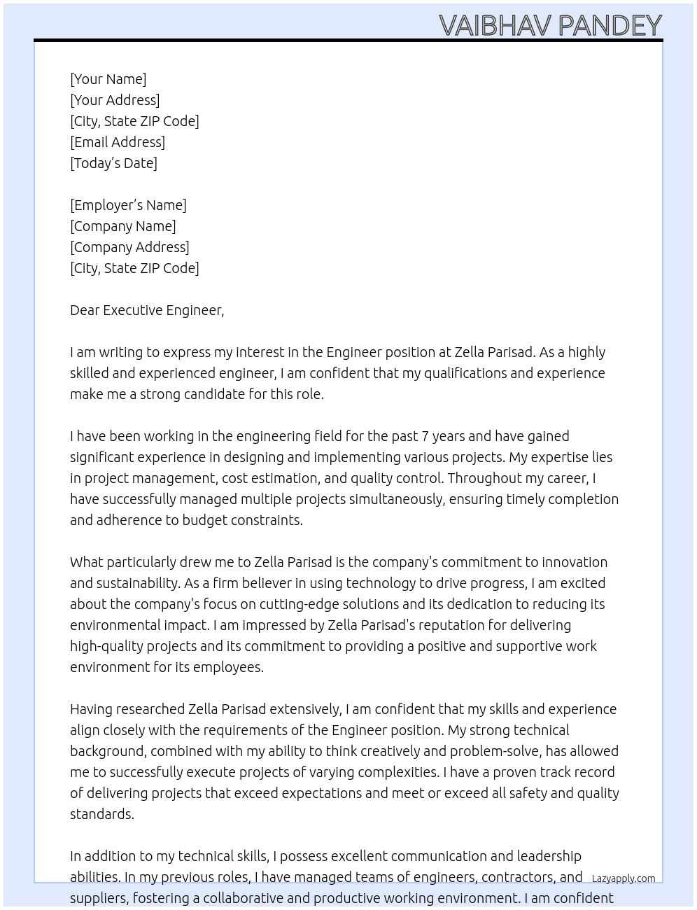 engineer At Zella Parisad Cover Letter