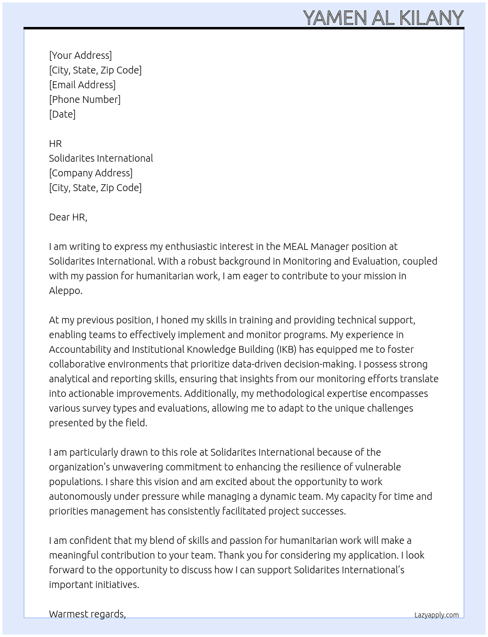 MEAL Manager At Solidarites International Cover Letter