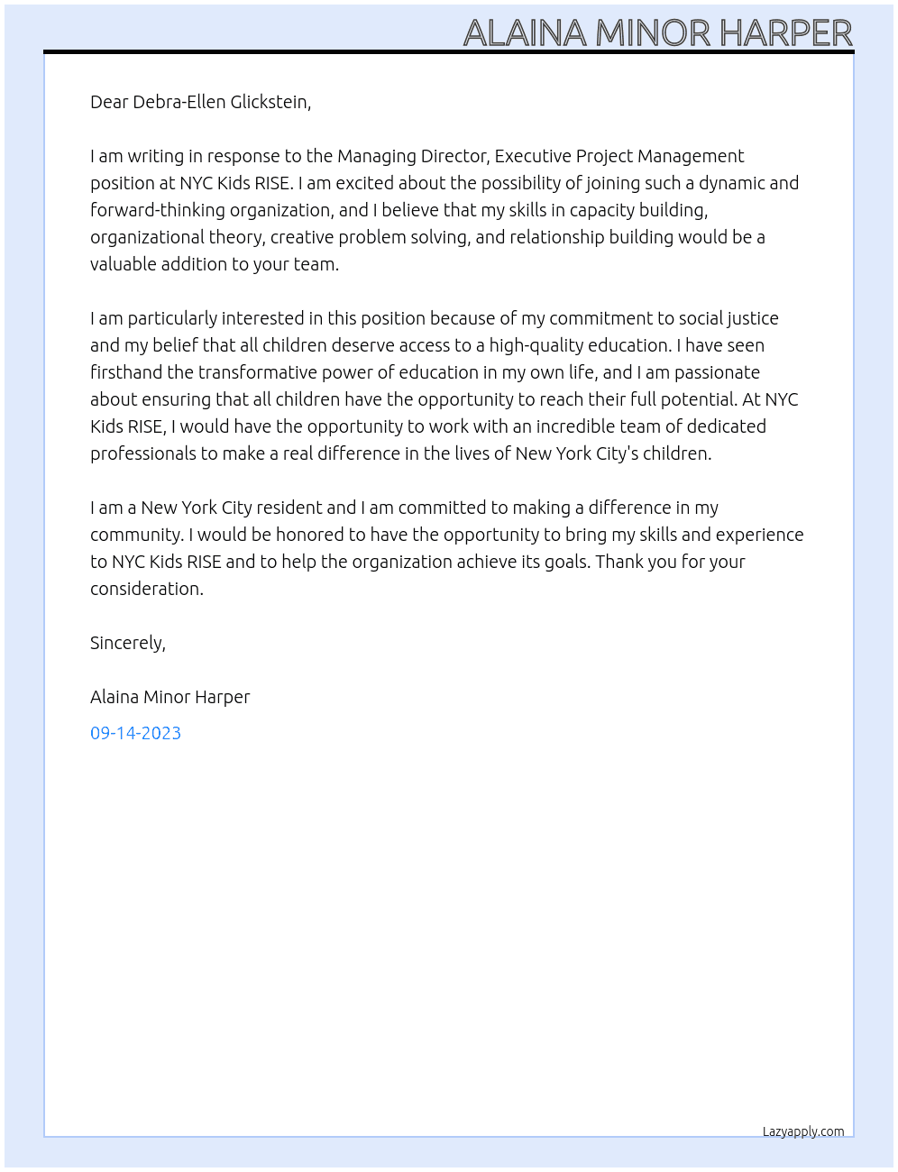 Managing Director, Executive Project Management At NYC Kids RISE Cover Letter