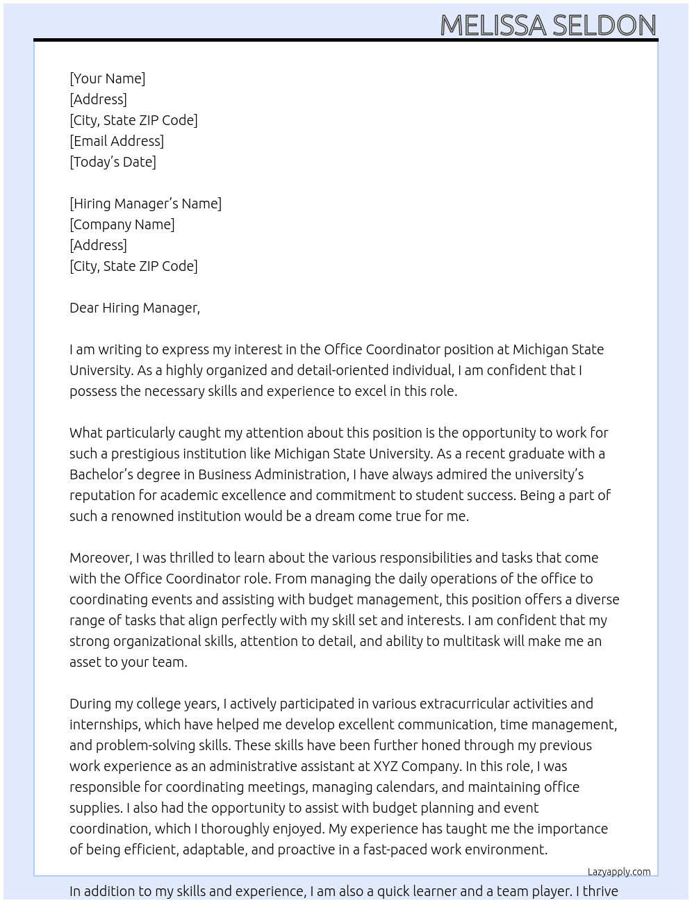 Office Coordinator At Michigan State University Cover Letter
