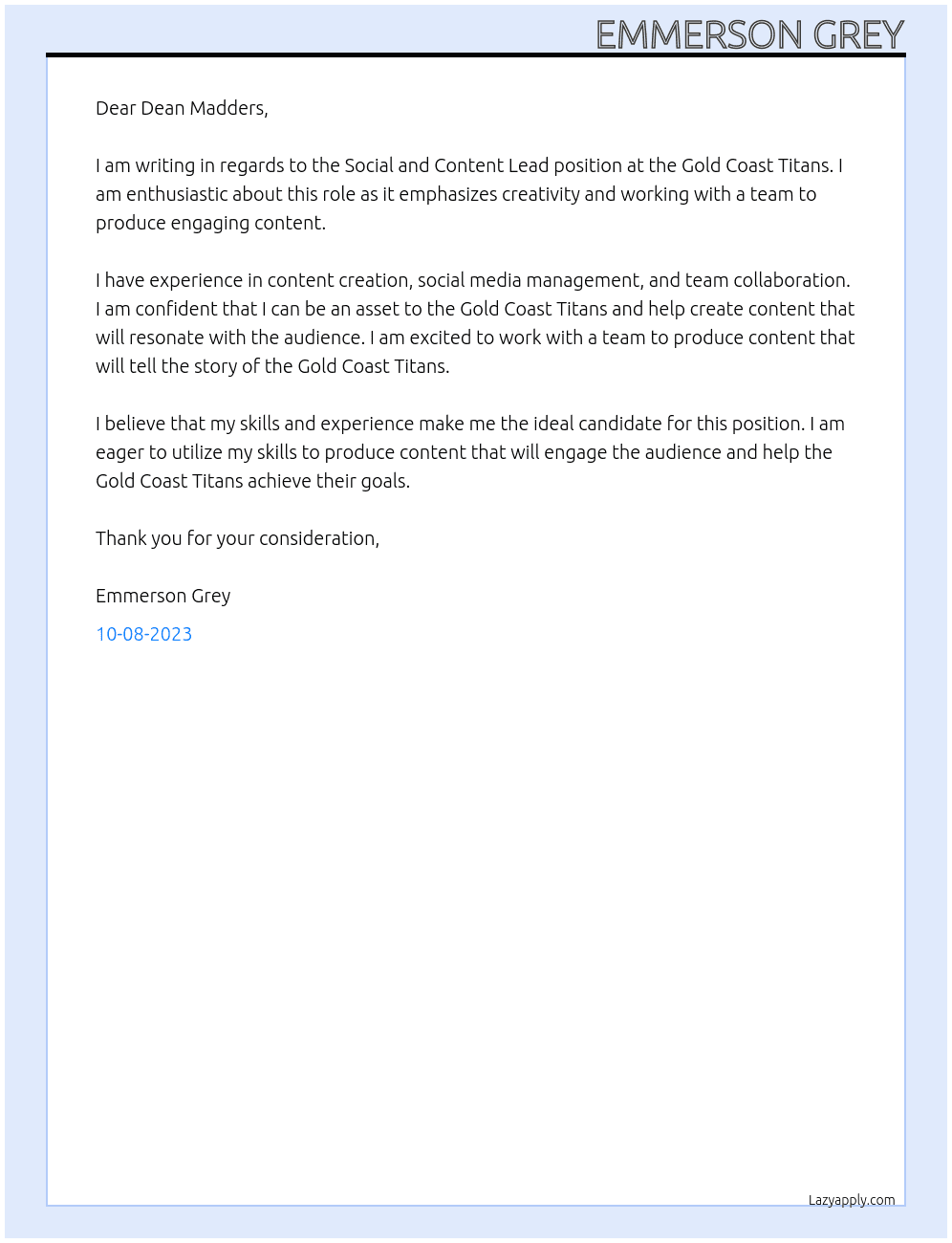 Social and Content Lead At Gold Coast Titans Cover Letter