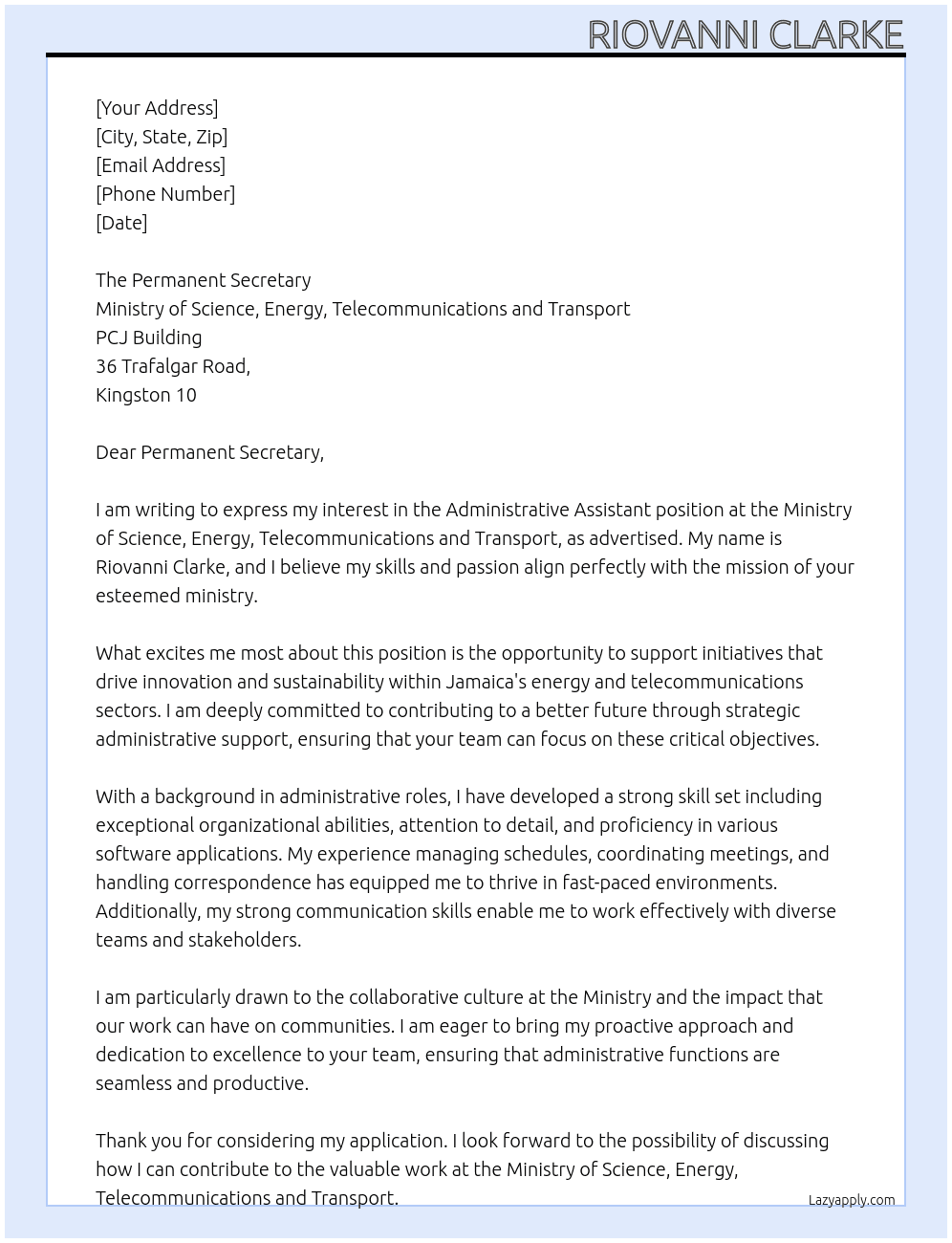 Administrative Assistant At Ministry of Science, Energy, Telecommunications and Transport Cover Letter