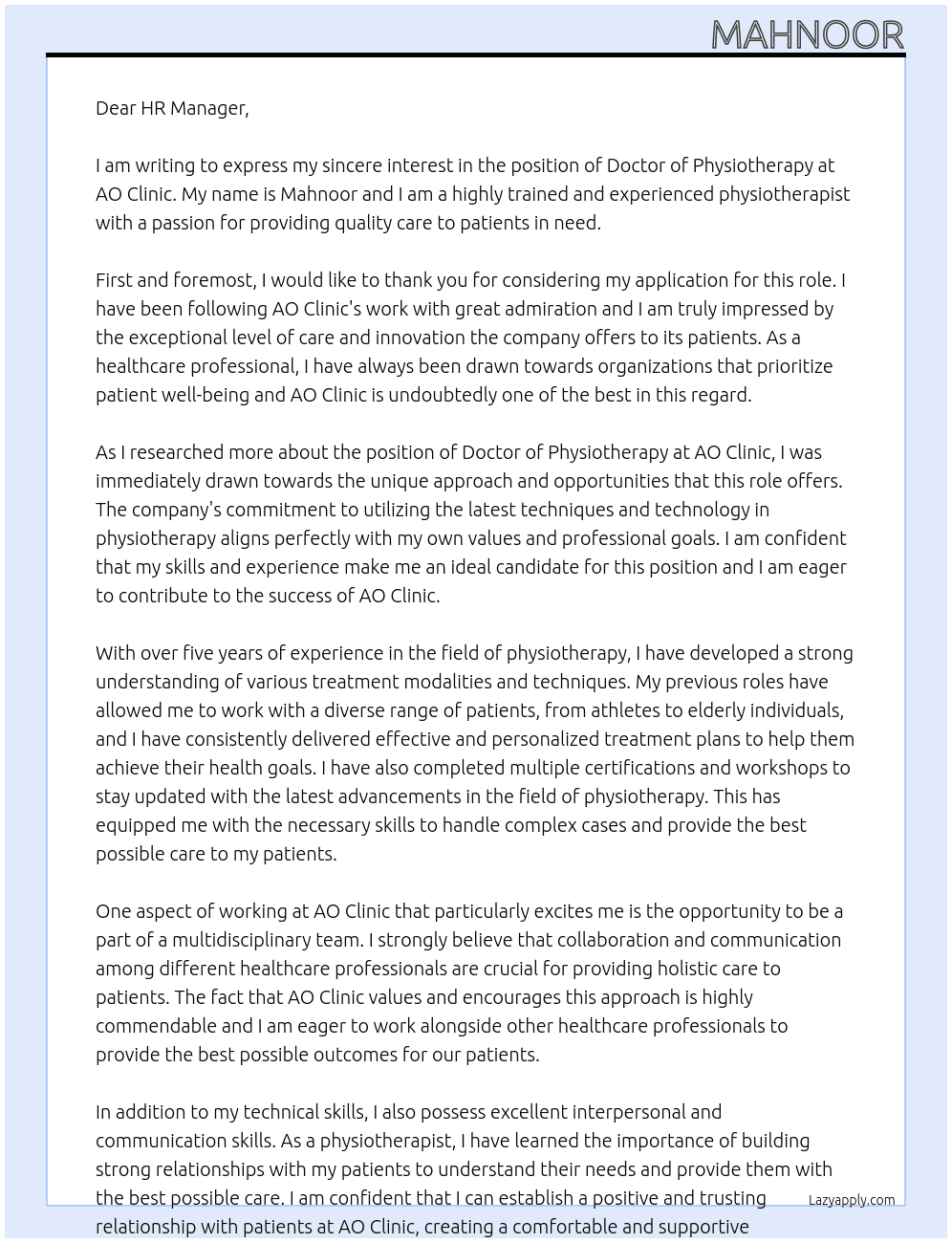 doctor of physiotherapy At AO clinic Cover Letter