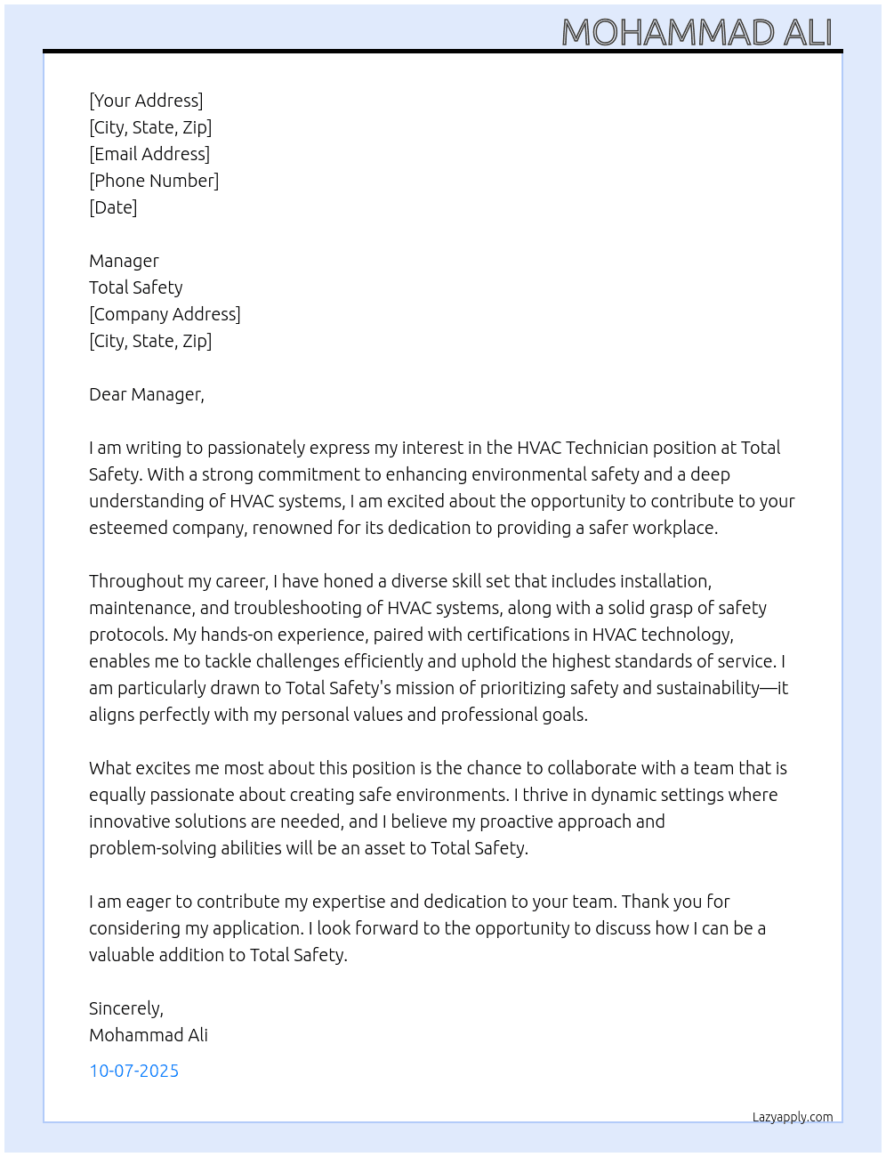 HVAC Technician  At Total safety  Cover Letter