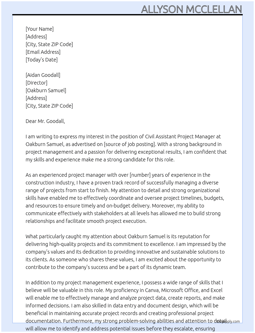 Civil Assistant Project Manager At Oakburn Samuel Cover Letter