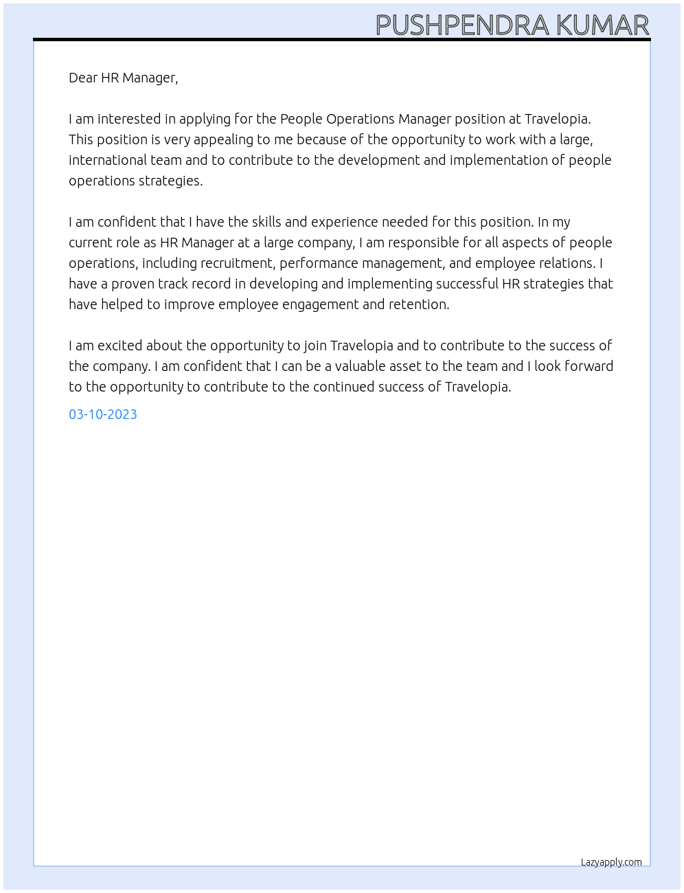 People Operations Manager At Travelopia Cover Letter