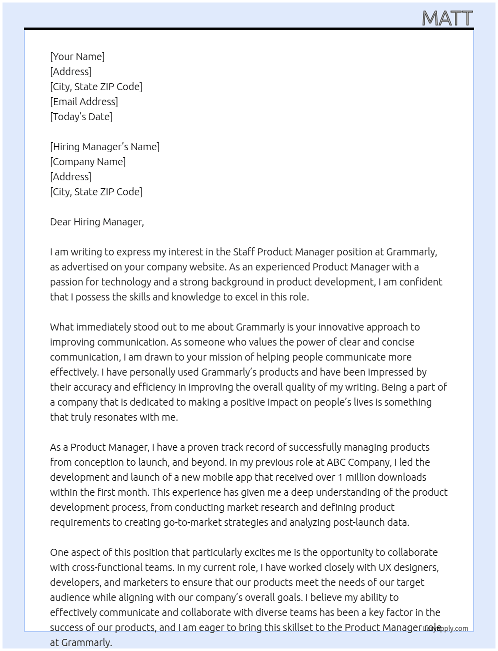 Staff Product Manager At Grammarly Cover Letter