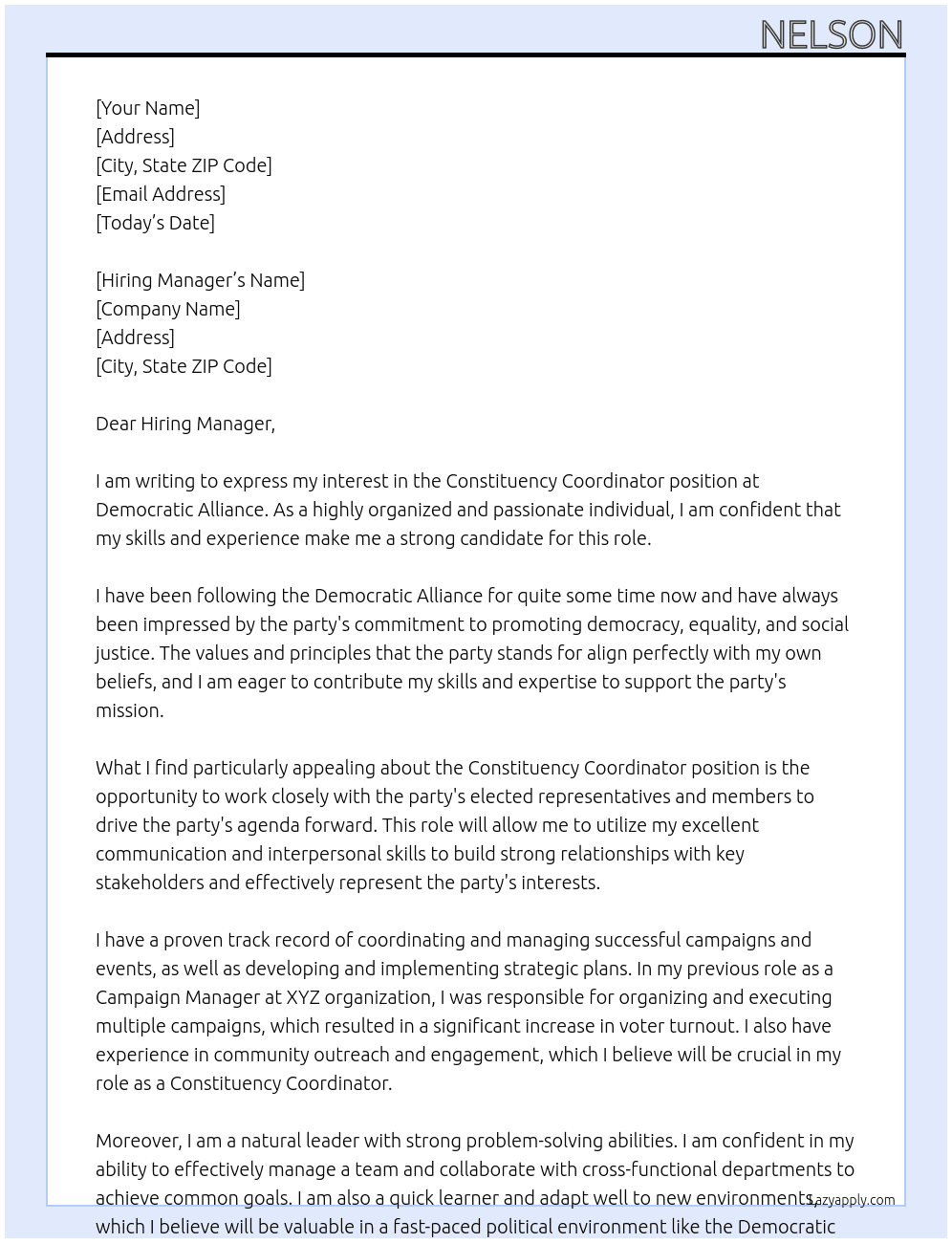 Constituency Coordinator At Democractic Alliance Cover Letter