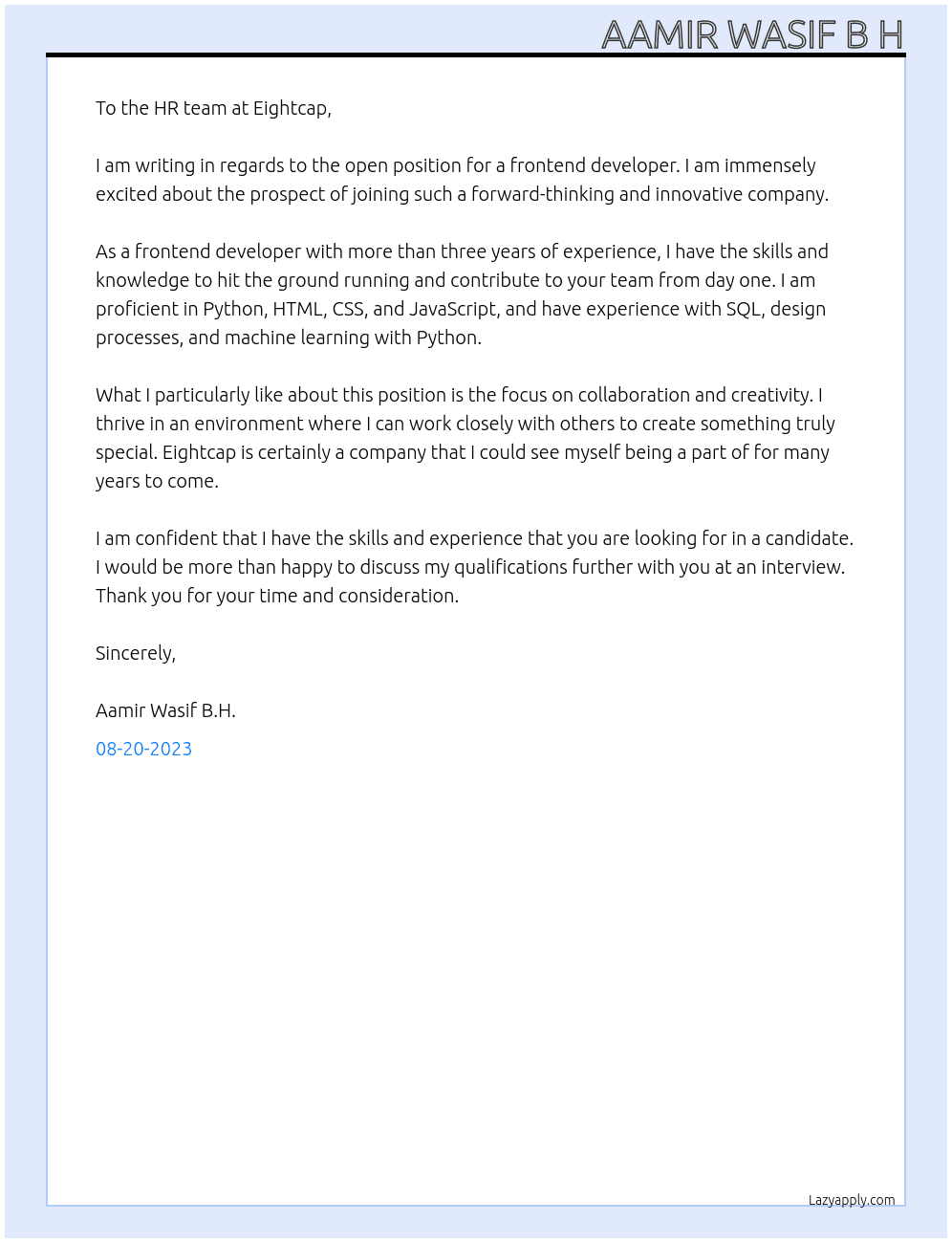 Frontend developer At Eightcap Cover Letter