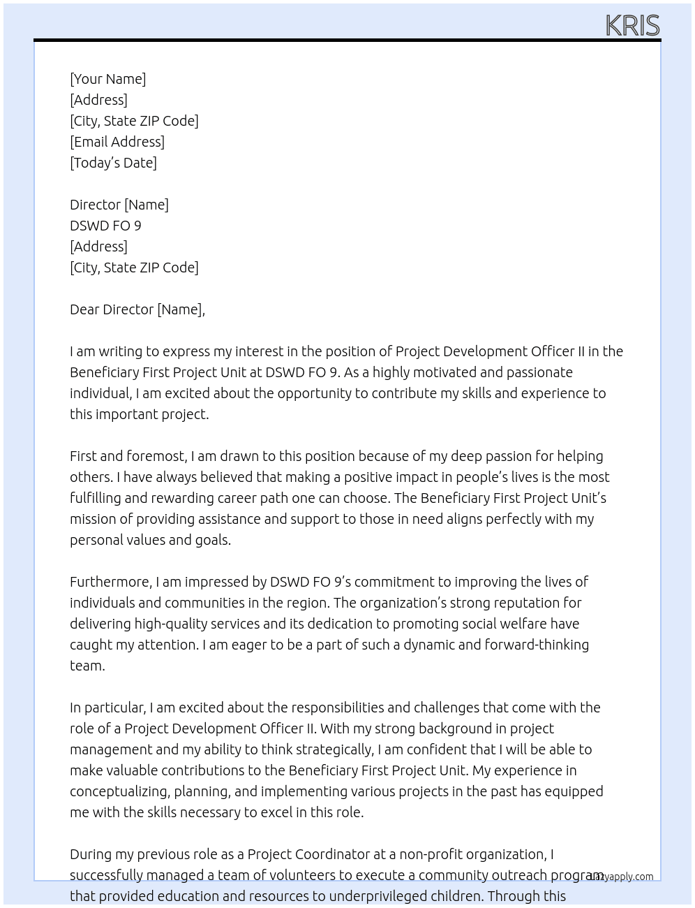 PROJECT DEVELOPMENT OFFICER II BENEFICIARY FIRST PROJECT UNIT At DSWD FO 9 Cover Letter