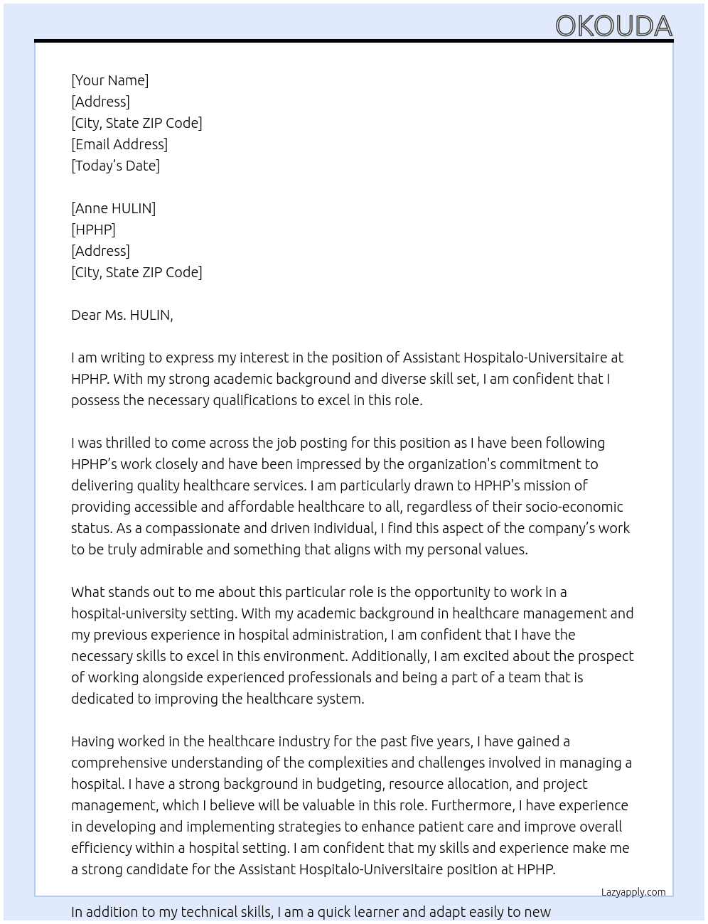 assistant hospitalo-universitaire At HPHP Cover Letter