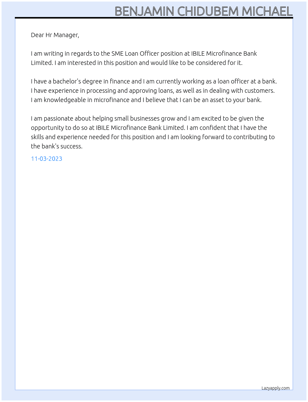 SME Loan Officer At IBILE Microfinance Bank Limited Cover Letter