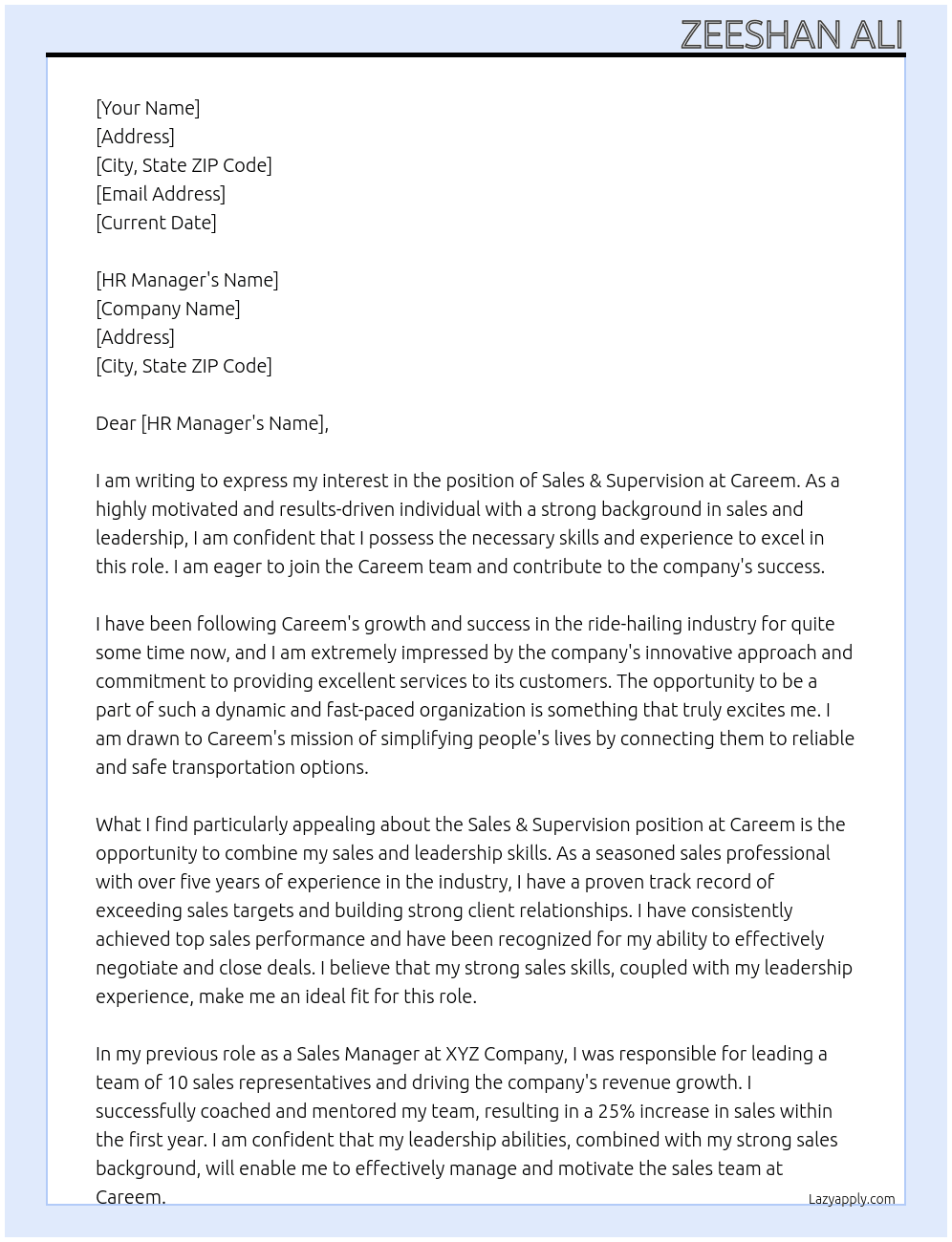 Sales& Supervision  At Careem  Cover Letter