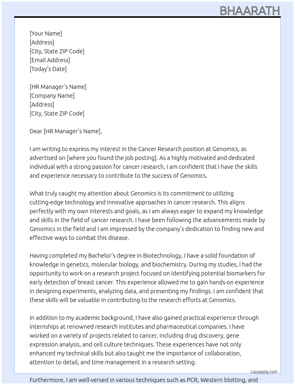 Cancer Research At Genomics Cover Letter