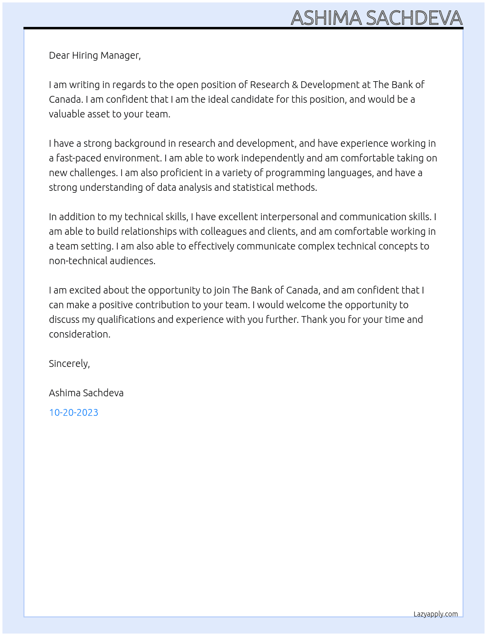 Research & Development At The Bank of Canada Cover Letter