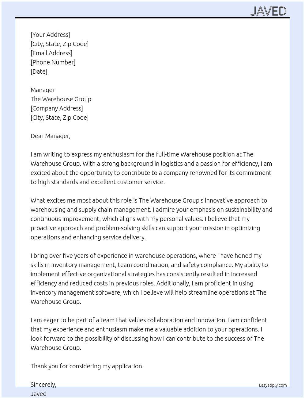 Warehouse  At The warehouse group Cover Letter