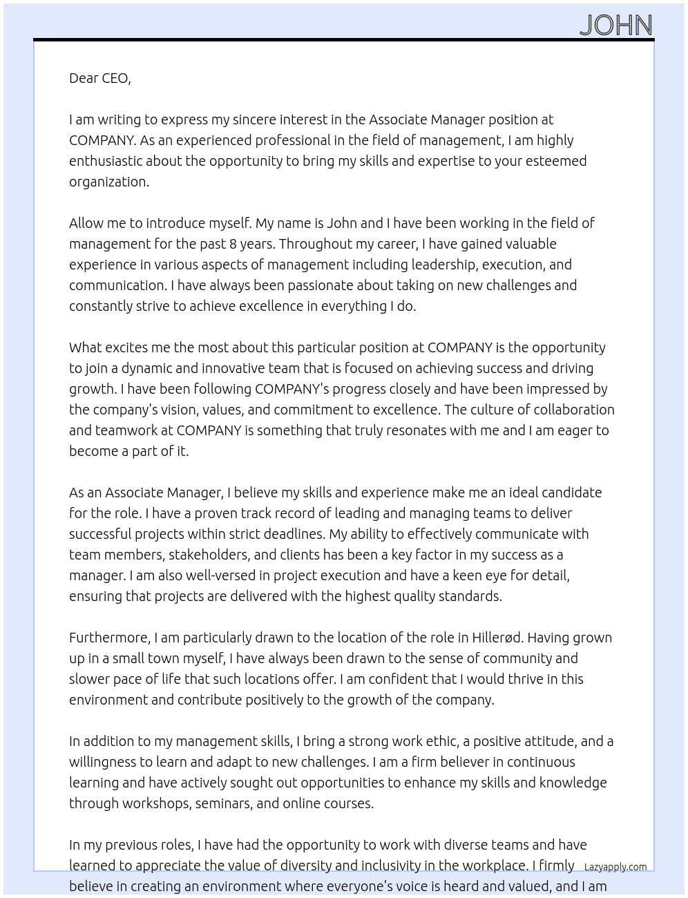 Associate Manager At COMPANY Cover Letter