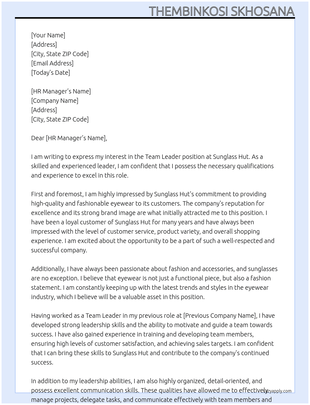 Team Leader At Sunglass Hut Cover Letter