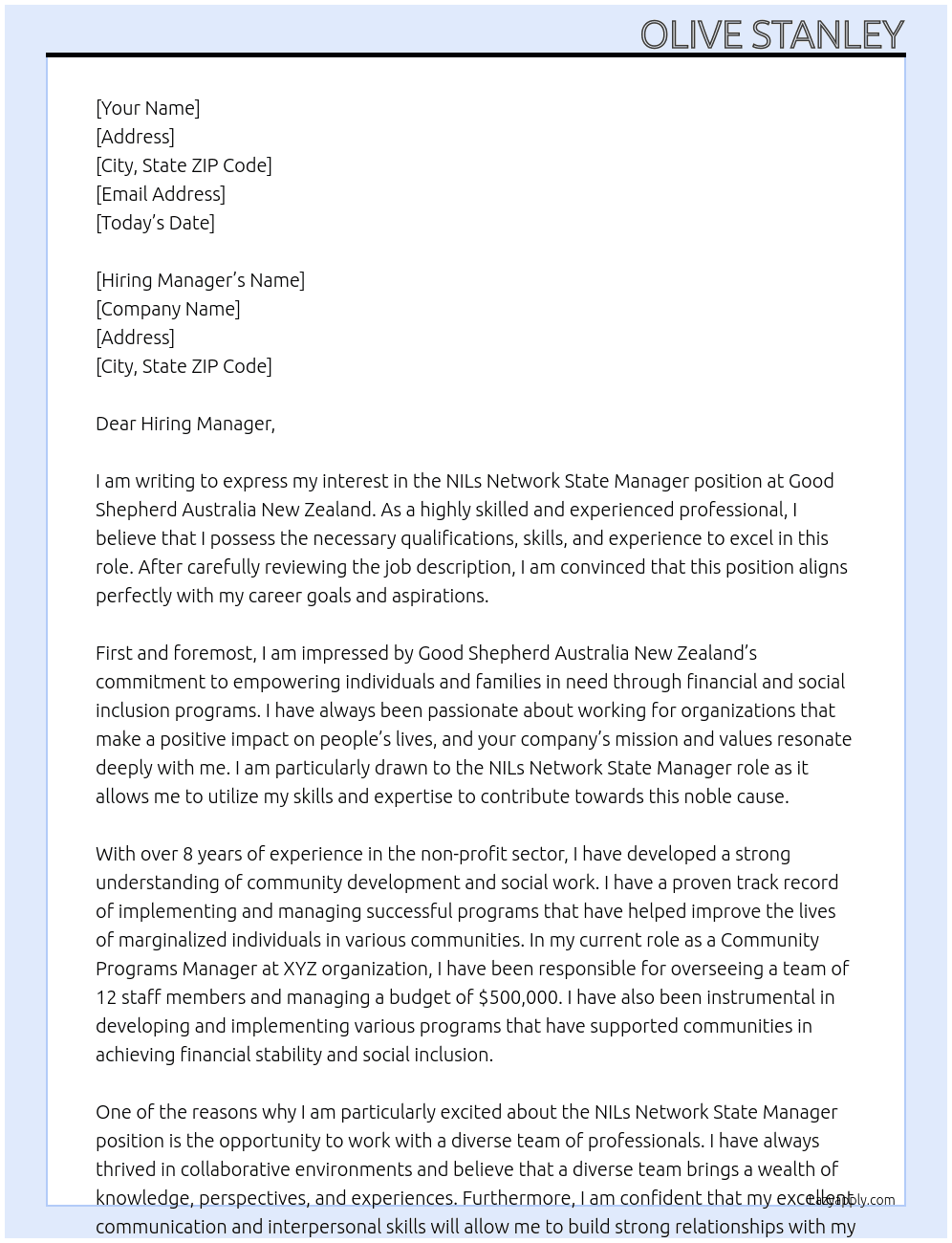 NILs Network State Manager (Queensland) At Good Shepherd Australia New Zealand Cover Letter