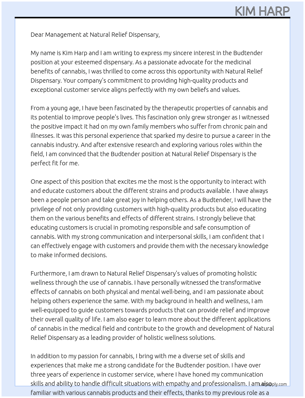 Budtender At Natural Relief Dispensary  Cover Letter