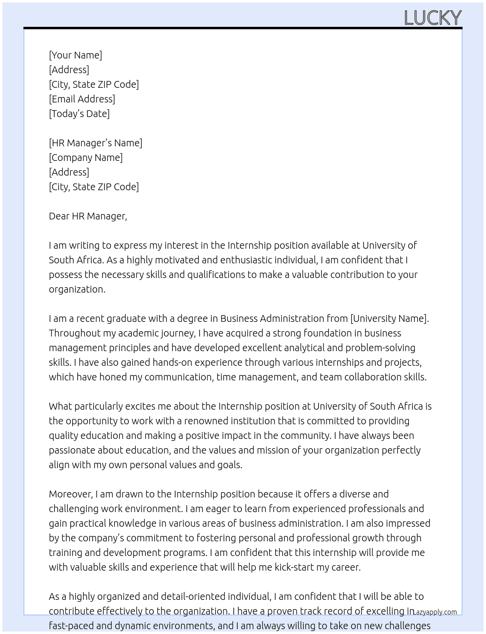 Internship  At University of South Africa  Cover Letter
