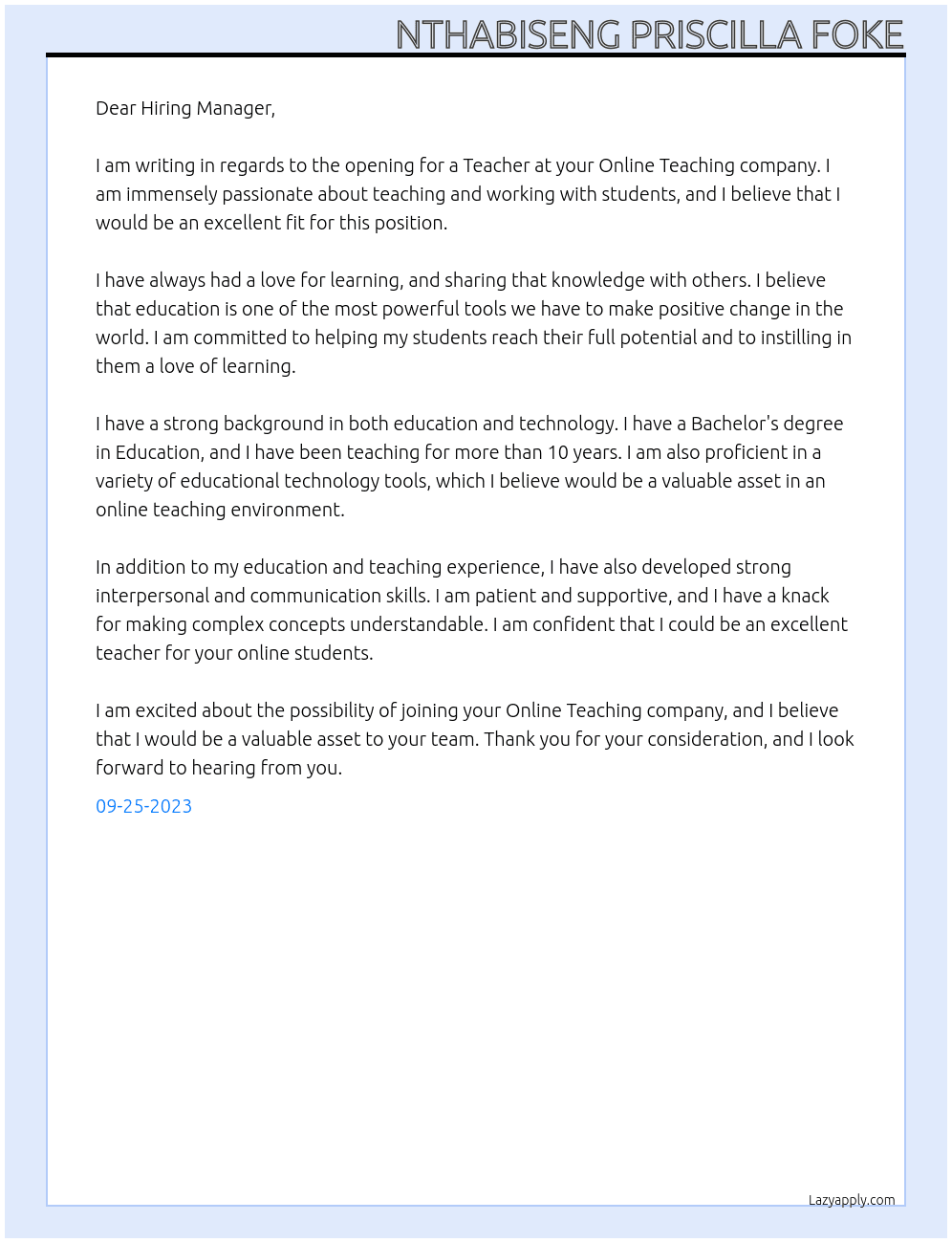 Teacher  At Online Teaching company  Cover Letter