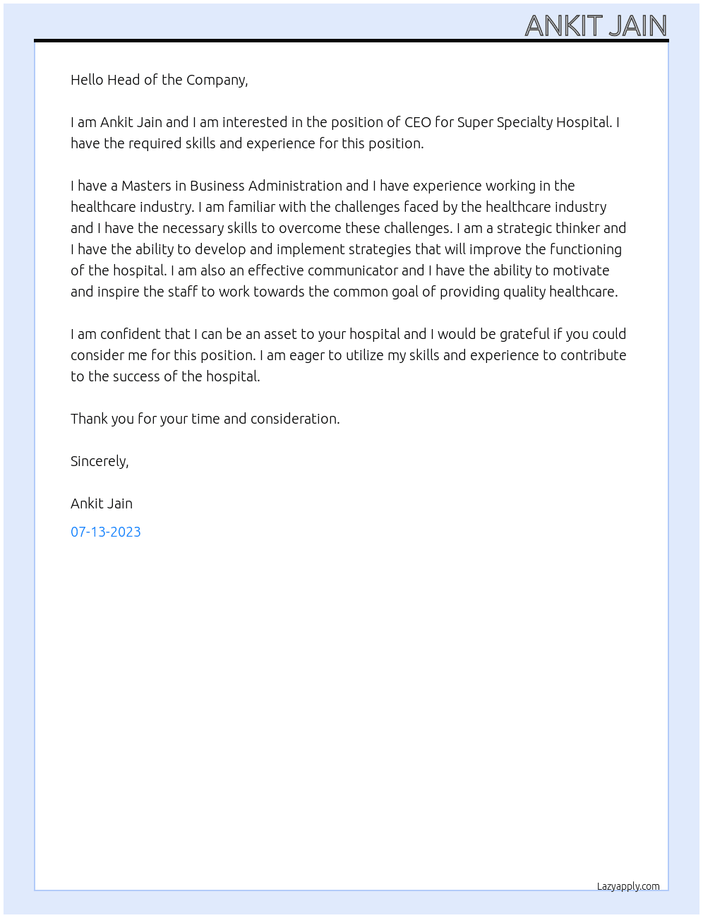CEO At Super Specialty Hospital Cover Letter