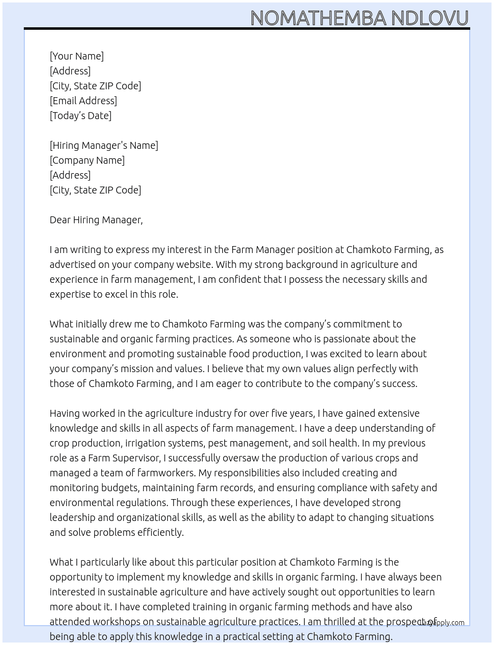 Farm Manager  At Chamkoto Farming  Cover Letter