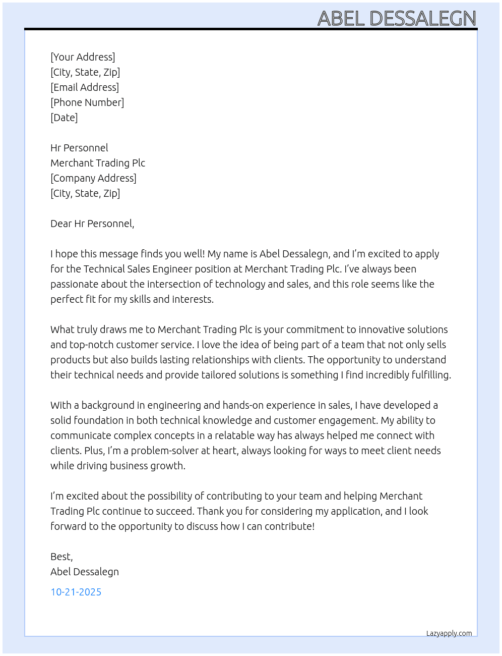 Technical Sales Engineer At Merchant Trading Plc Cover Letter