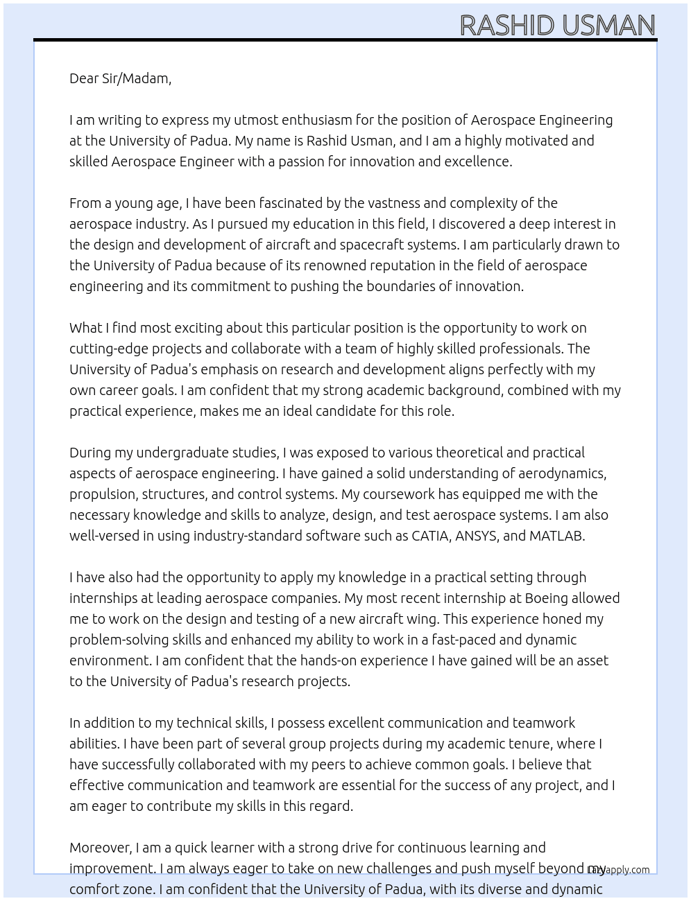 Aerospace engineering  At University of padua Cover Letter