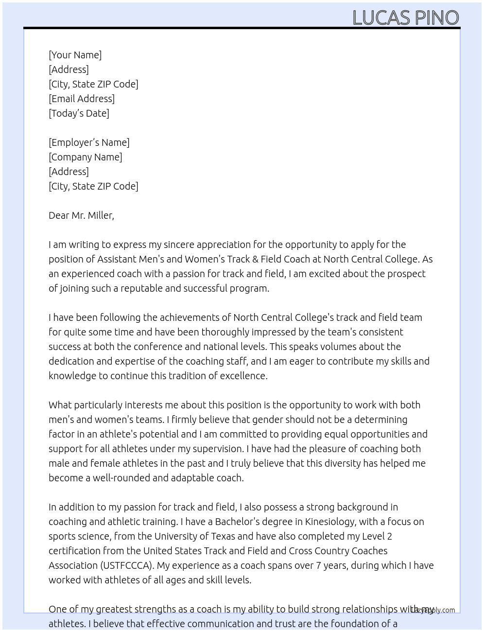Assistant Men's and Women's Track & Field Coach At North Central College Cover Letter