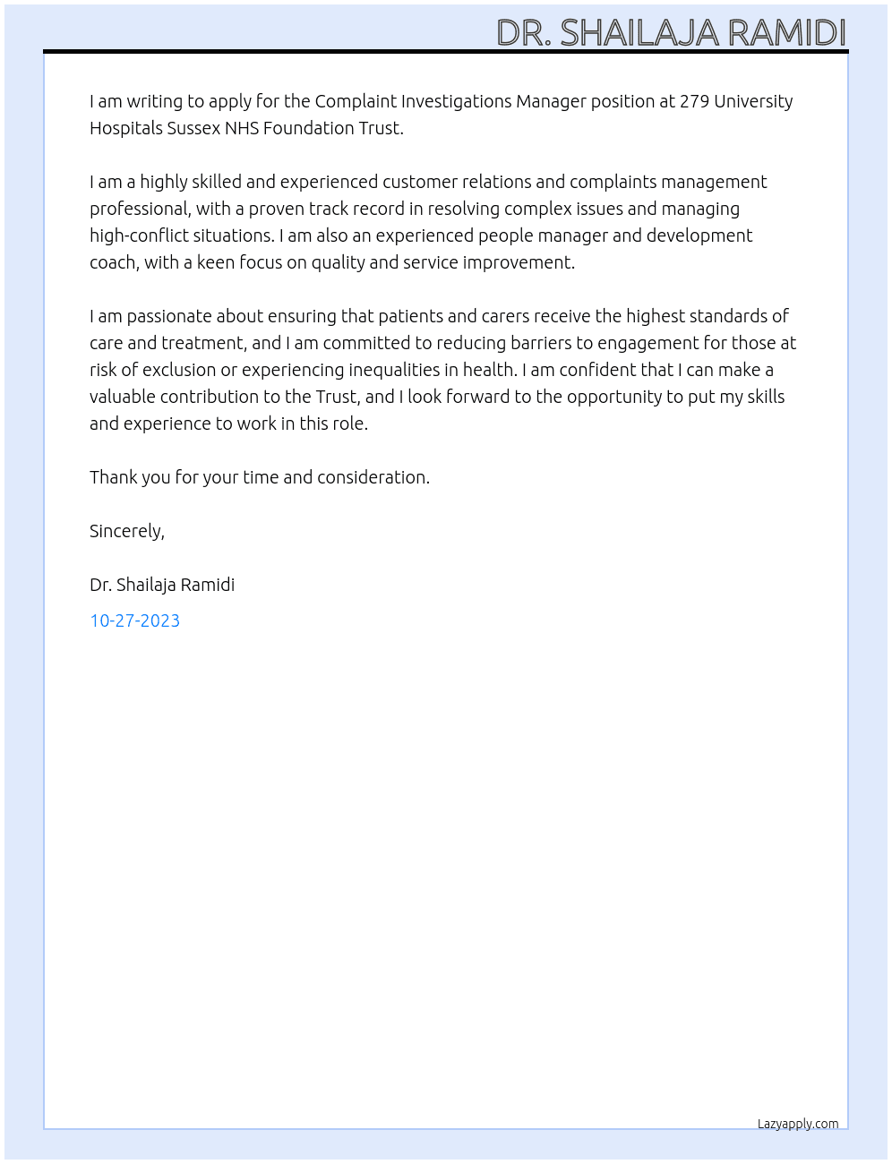 Complaint Investigations Manager At 279 University Hospitals Sussex NHS Foundation Trust Cover Letter