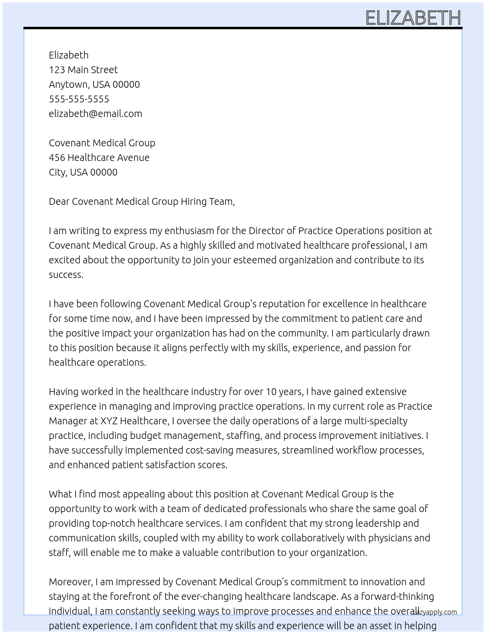 Director of Practice Operations At Covenant Medical Group Cover Letter