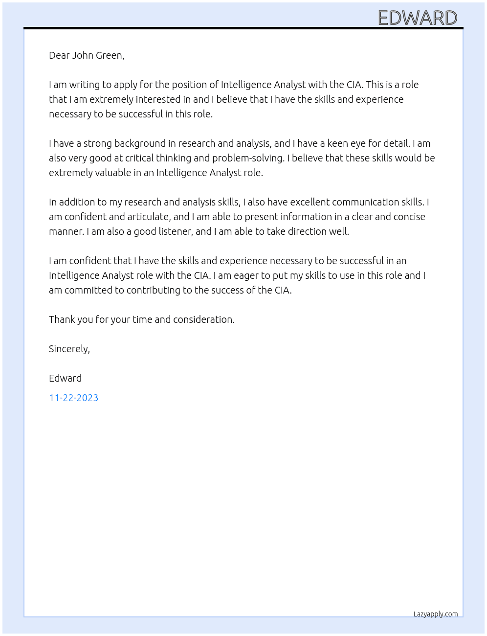 Intelligence analyst  At CIA Cover Letter