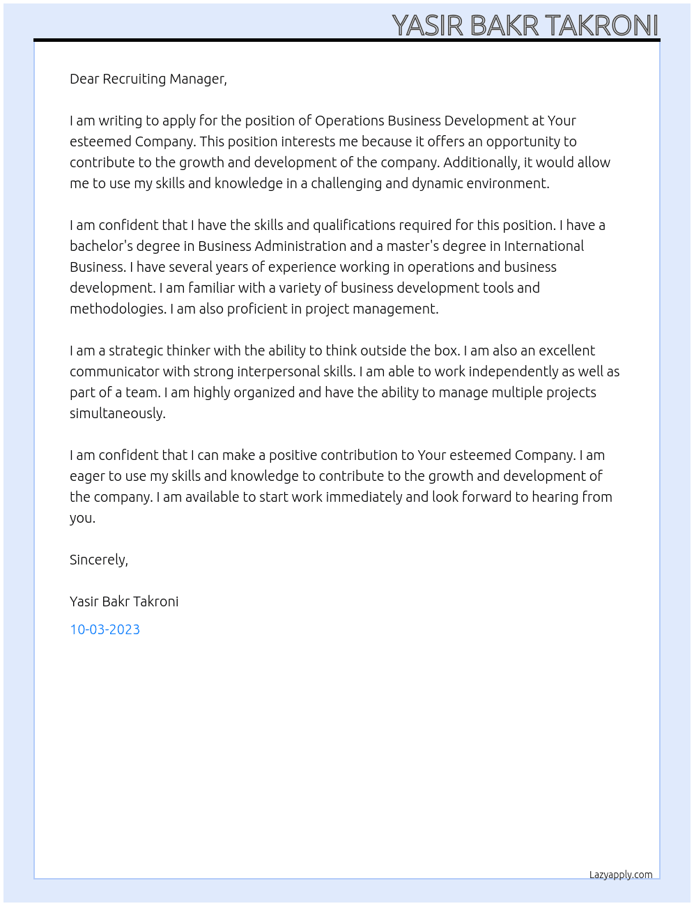 Operations Business Development  At Your esteemed Company Cover Letter