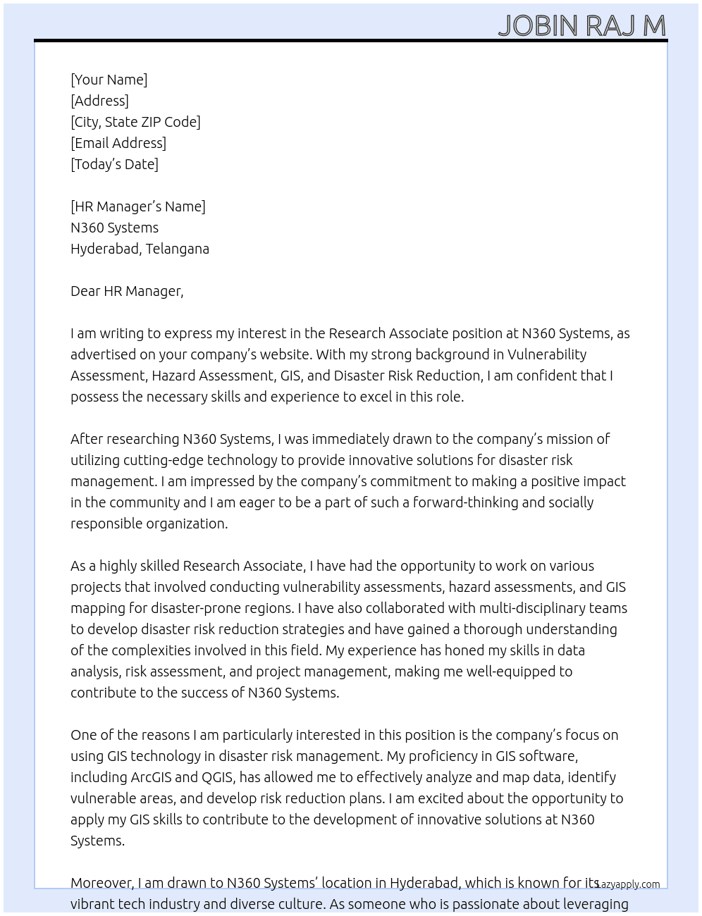 Research Associate  At N360 Systems, Hyderabad, Telangana  Cover Letter