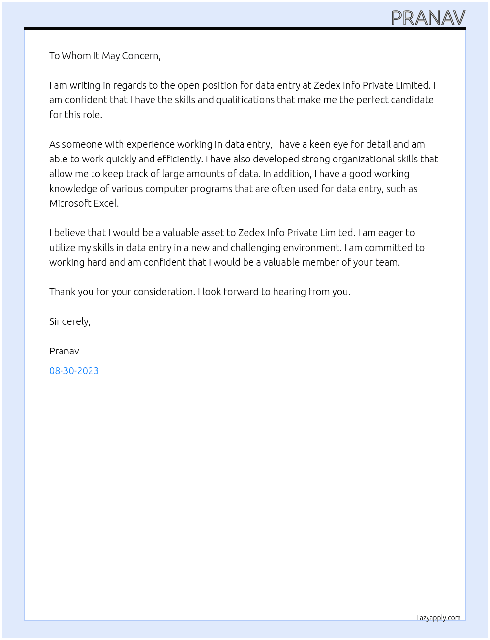 Data entry  At  Zedex info private limited  Cover Letter