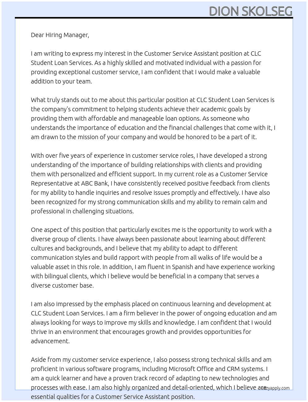 Customer Service Assistant At CLC Student Loan Services Cover Letter