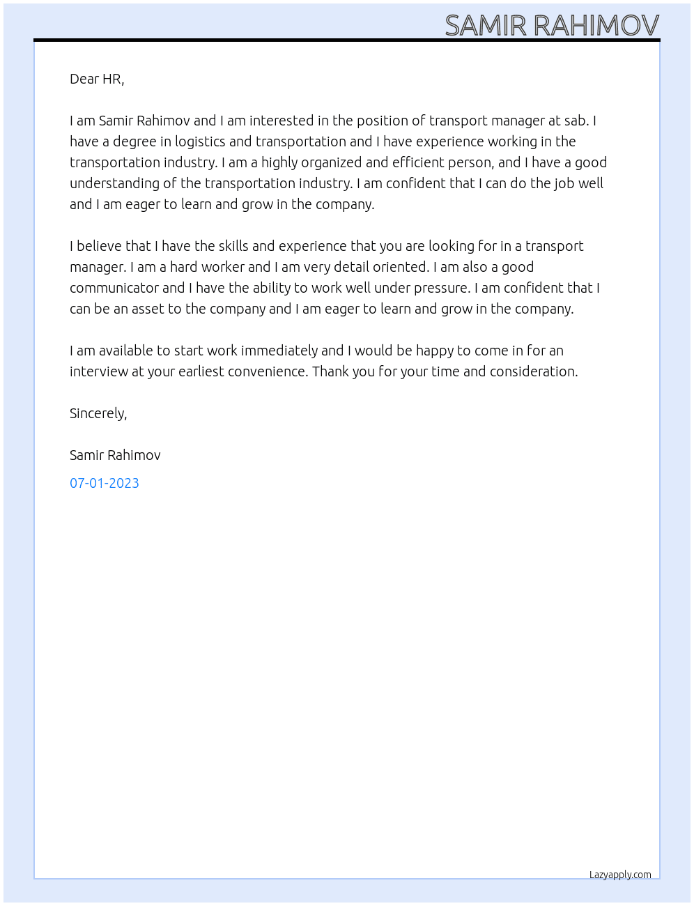 Transport manager At sab Cover Letter