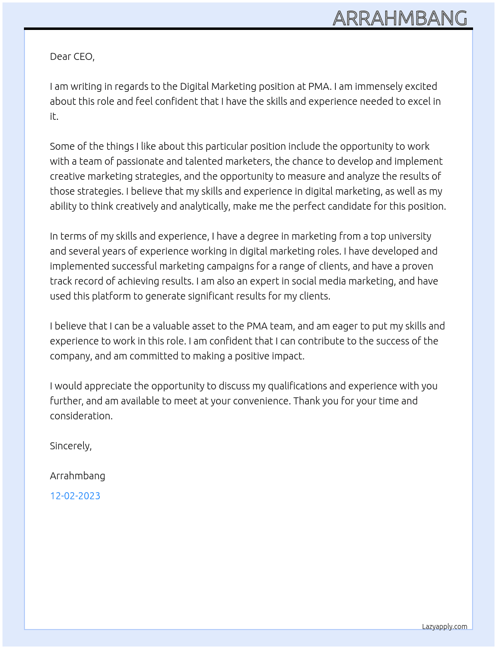 Digital marketing  At PMA Cover Letter