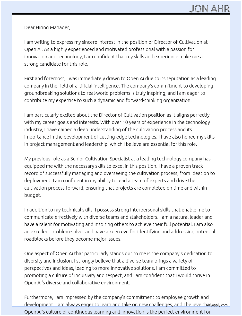 Director of Culitvation At Open Ai Cover Letter