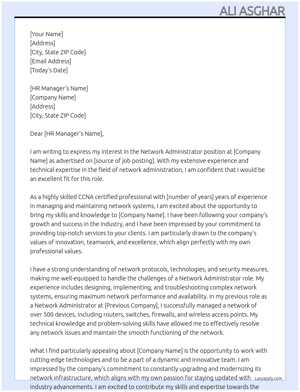 Network Administrator At firm Cover Letter