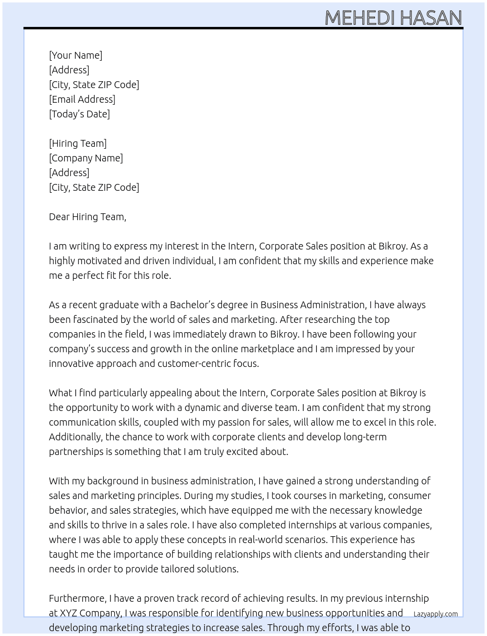 Intern, Corporate Sales At Bikroy Cover Letter
