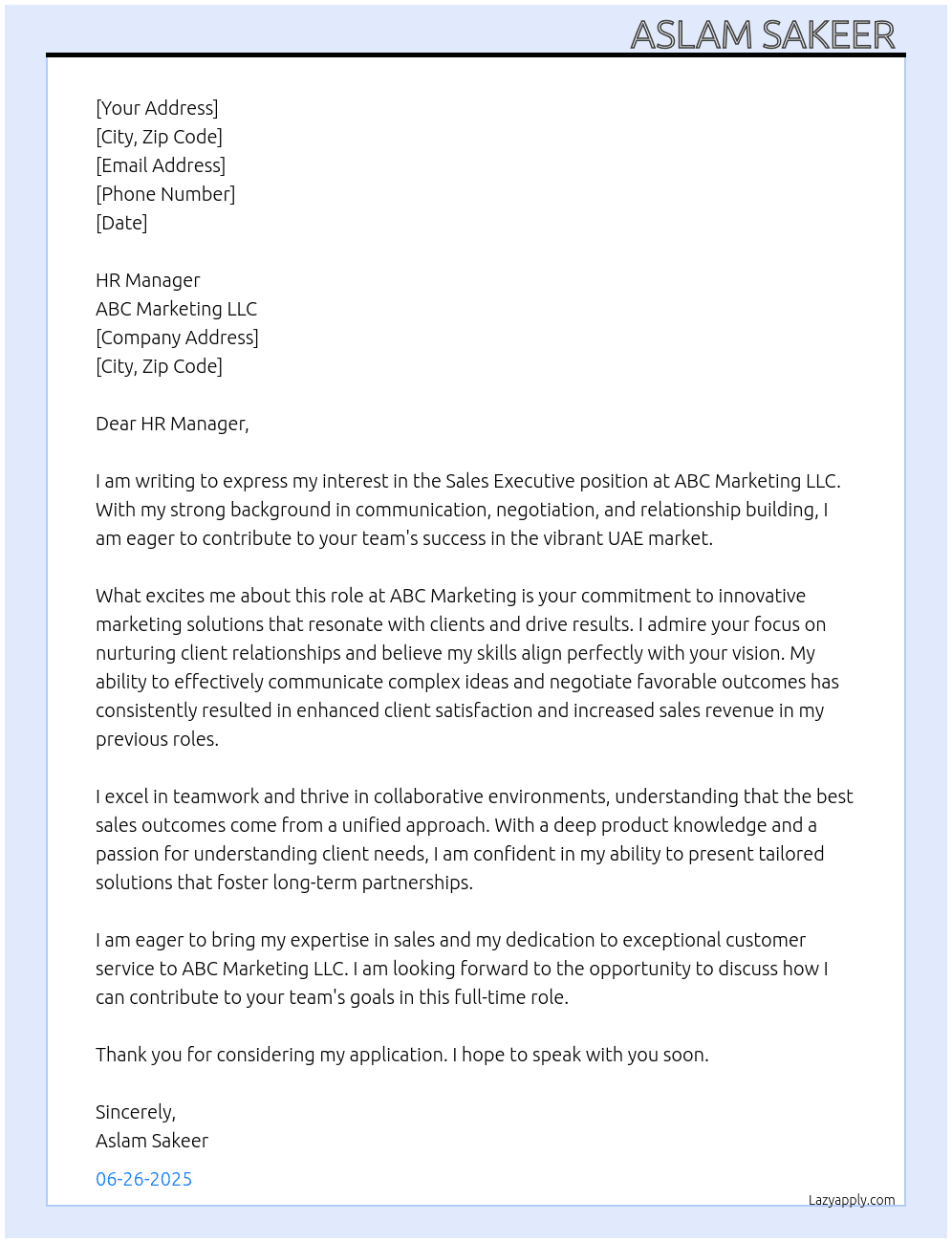 Sale's executive  At ABC Marketing llc Cover Letter