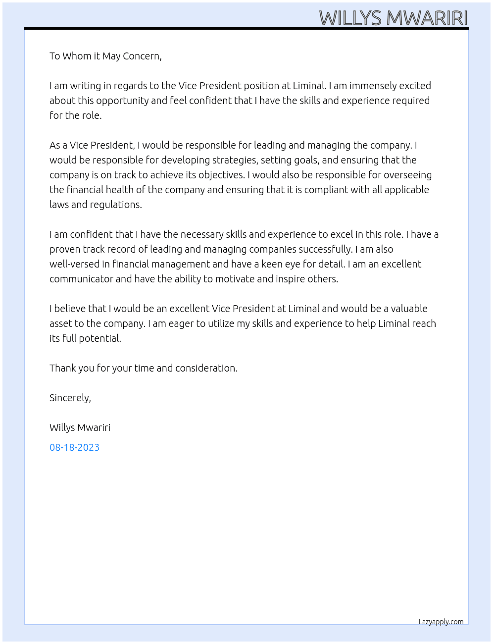 Vice President At Liminal Cover Letter