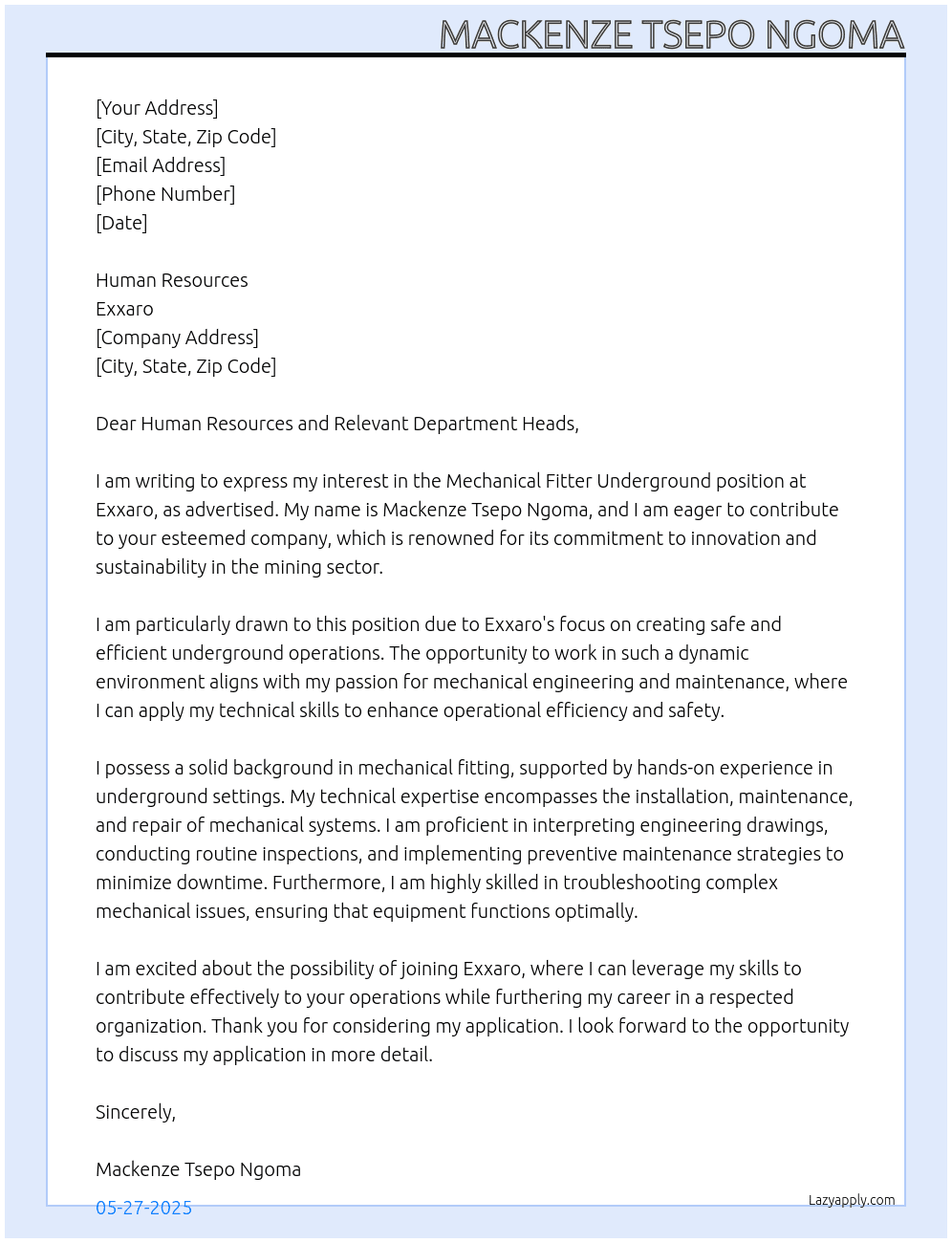 Mechanical Fitter Underground At Exxaro Cover Letter