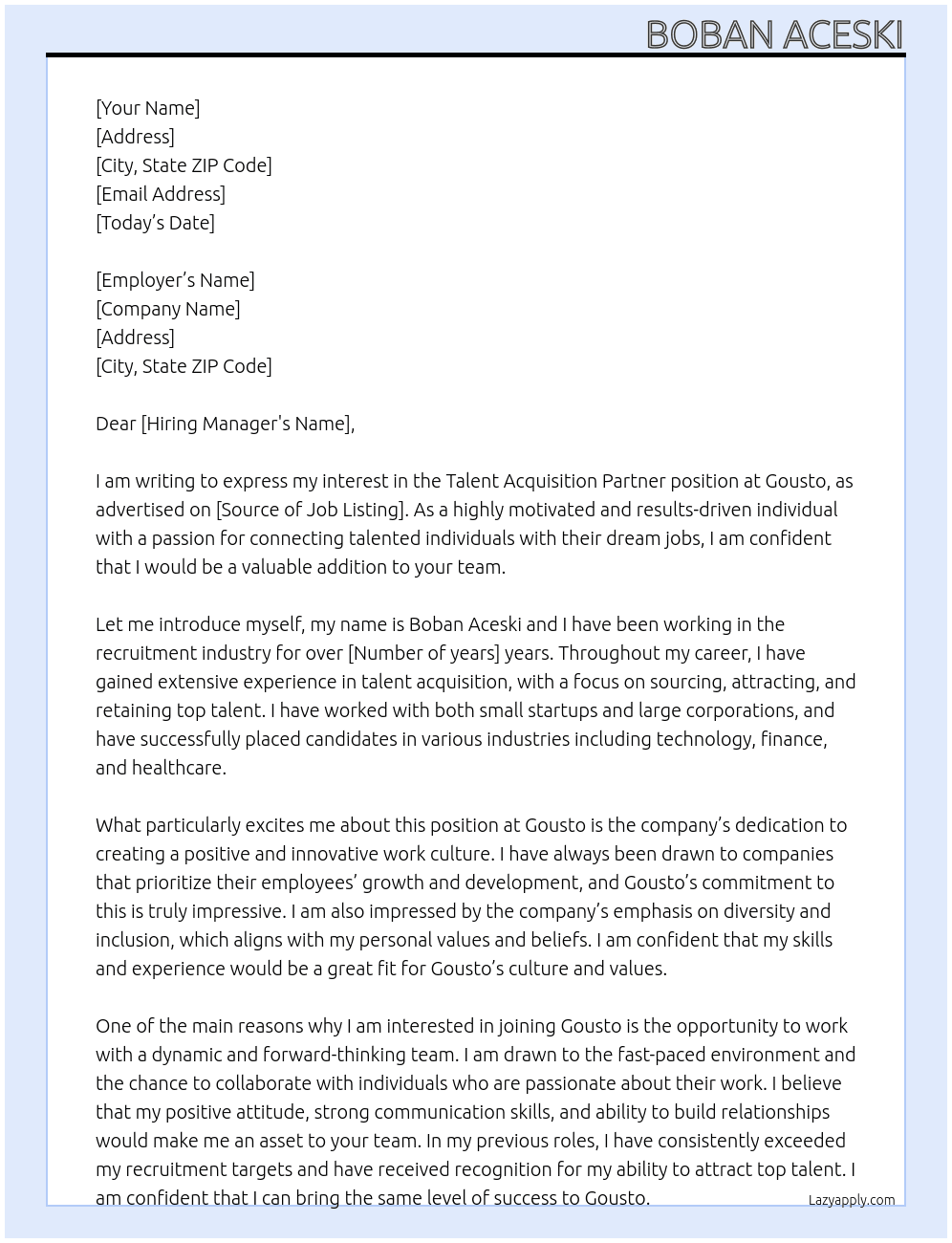 Talent Acquisition Partner At Gousto Cover Letter